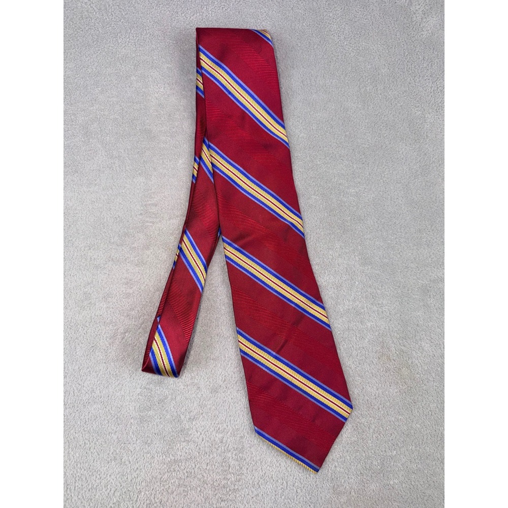 RDK Clothier Mens Tie Burgundy Red Blue Yellow Stripe Silk REM‎ Necktie